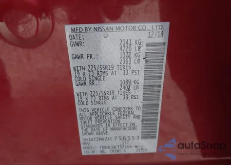 2019 Nissan Rogue Sl from USA, damaged, VIN 5N1AT2MV2KC756553